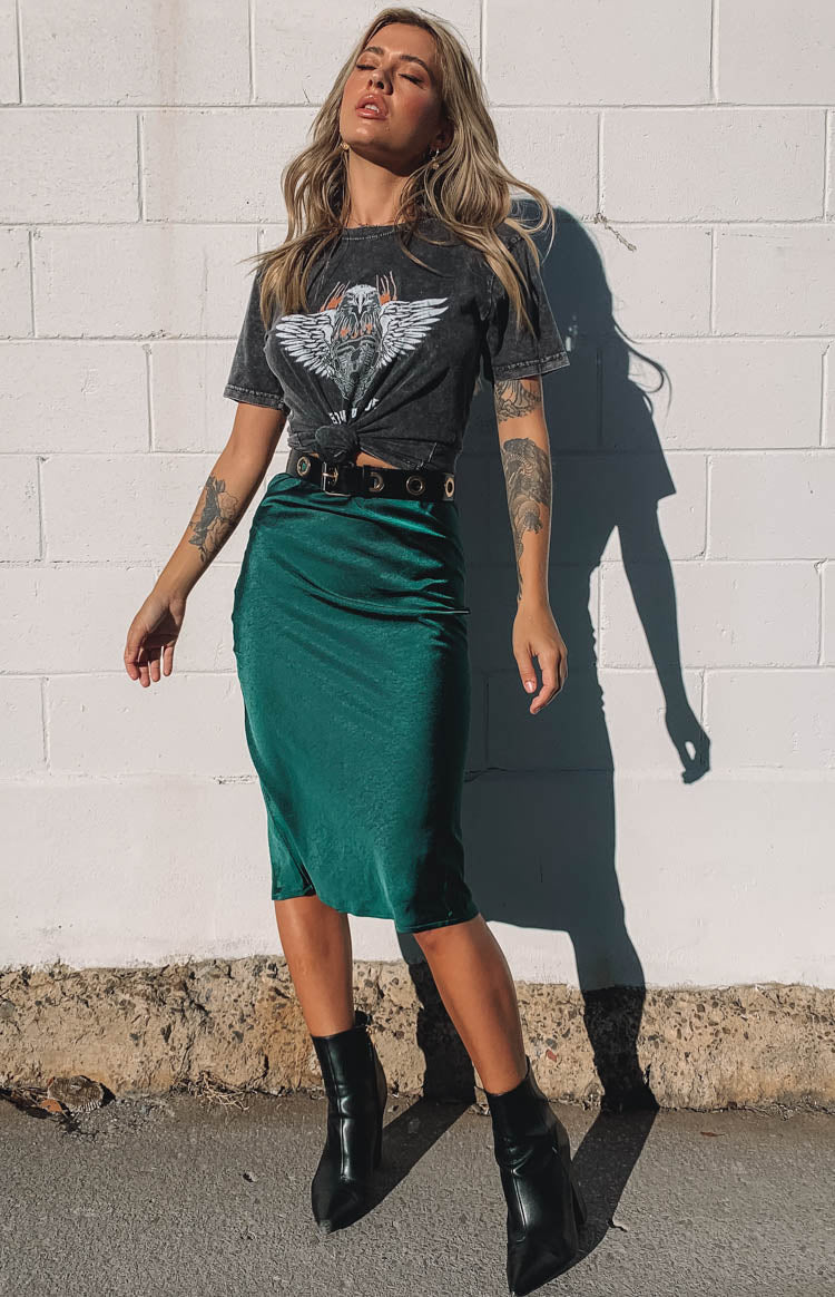 Emerald Trisha Midi Skirt, a high-waisted, flowing satin midi skirt with a subtle A-line cut