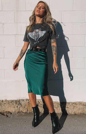 Emerald Trisha Midi Skirt, a high-waisted, flowing satin midi skirt with a subtle A-line cut