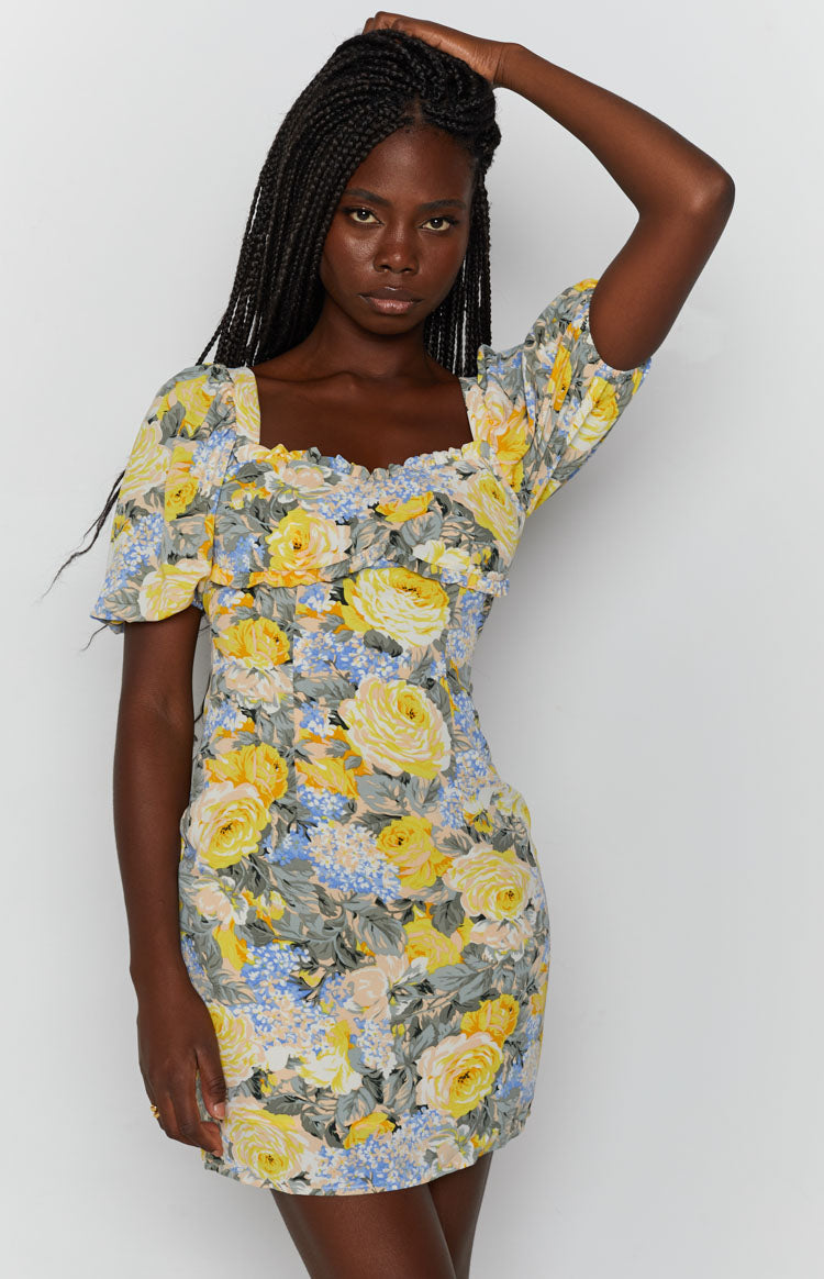 Yellow rose and blue hydrangea floral mini dress with ruffled square neckline and short puff sleeves