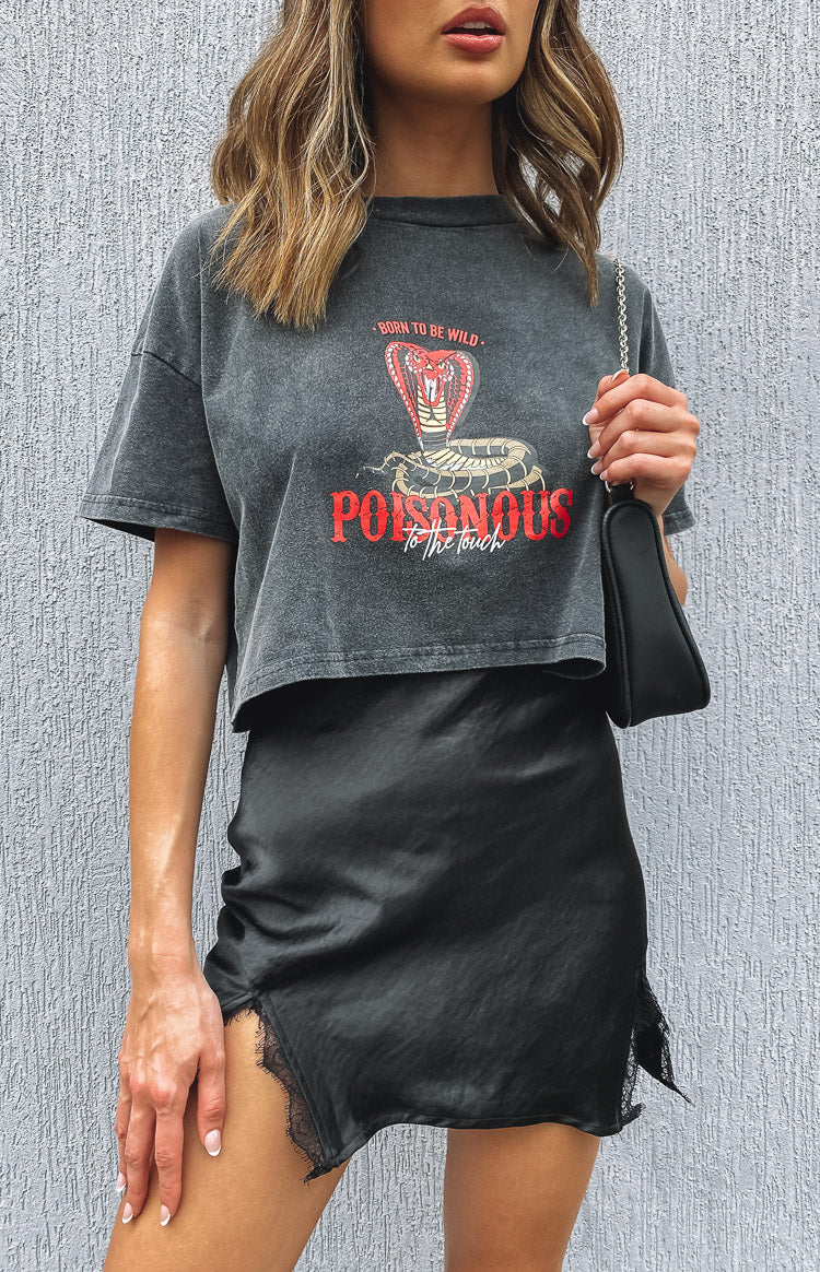 Black satin-look mini skirt with a high thigh split and black lace trim