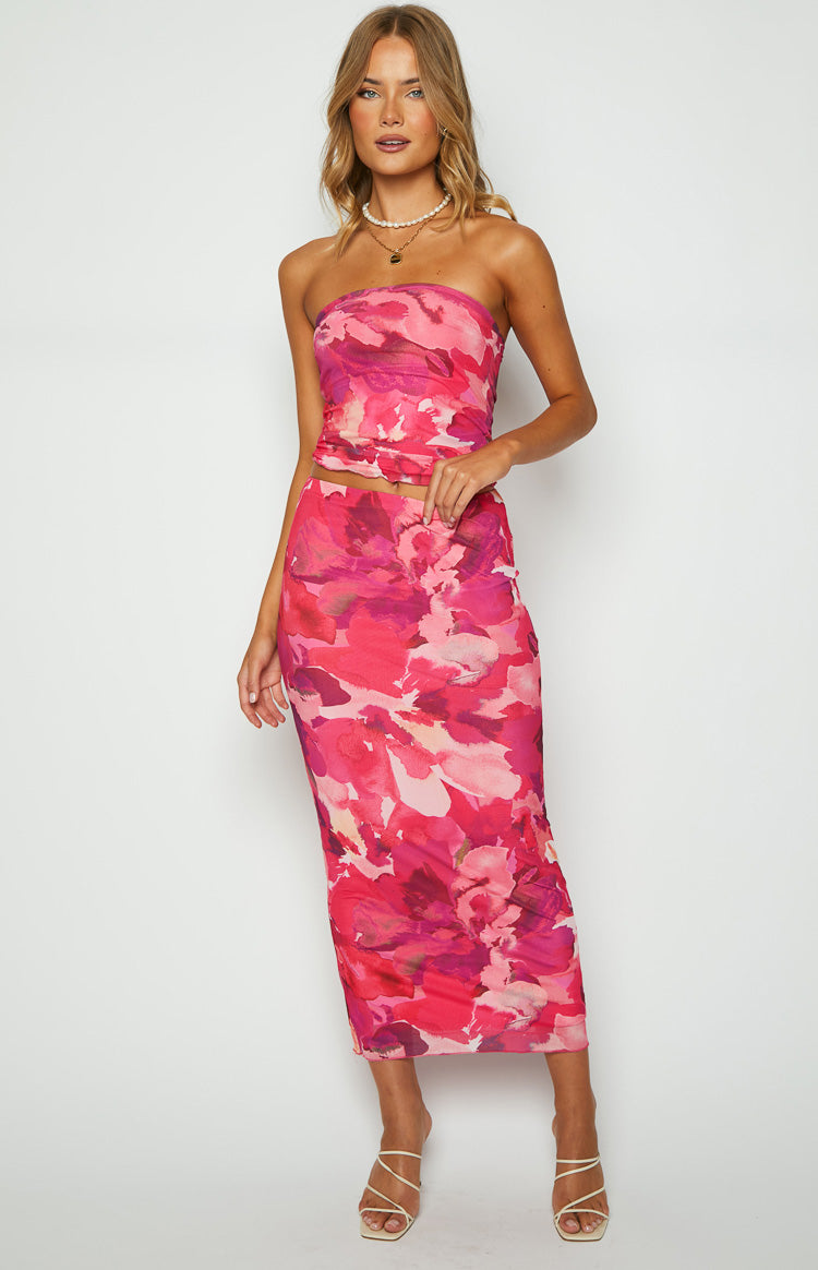 When in Rome Pink Print Mesh Maxi Skirt Image