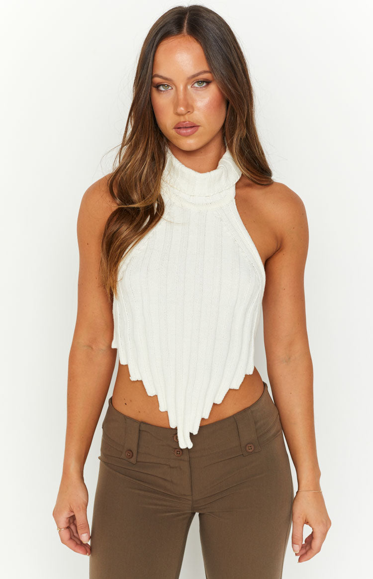 Izi White Knit High Neck Top Image