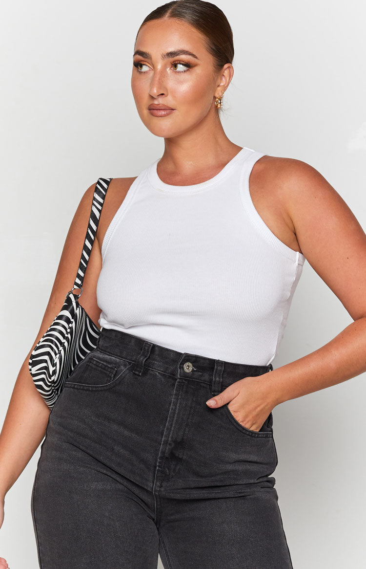 White ribbed crew neck tank top with wide shoulder straps
