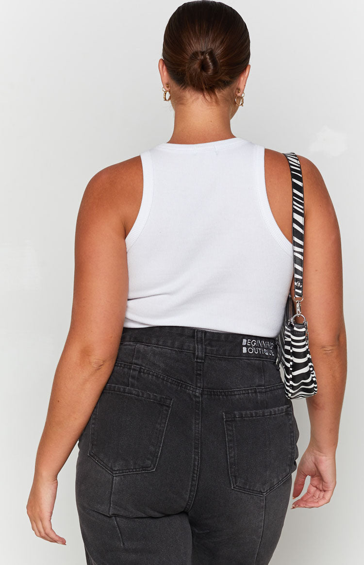 White ribbed tank top with a high racerback design
