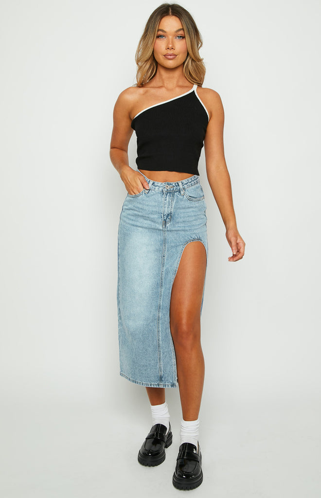 Aysha Cutout Blue Denim Midi Skirt – Beginning Boutique