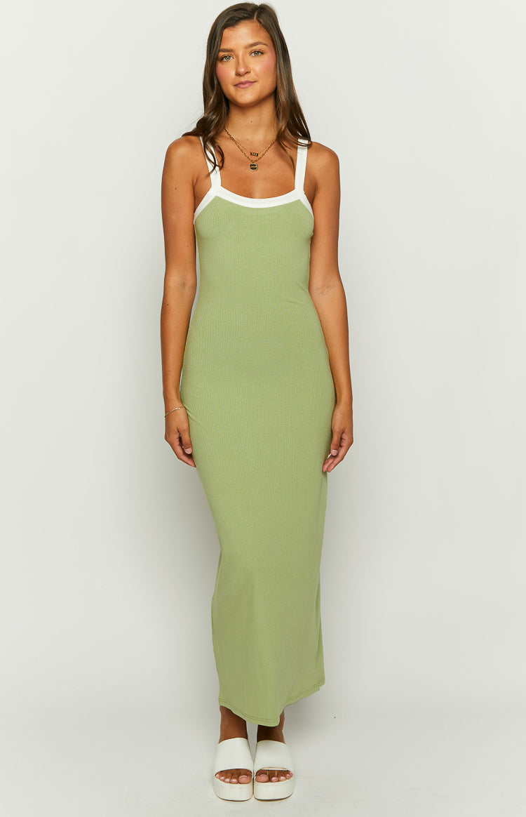 Light green ribbed knit maxi dress with a square neckline and white trim on the neckline and thin straps