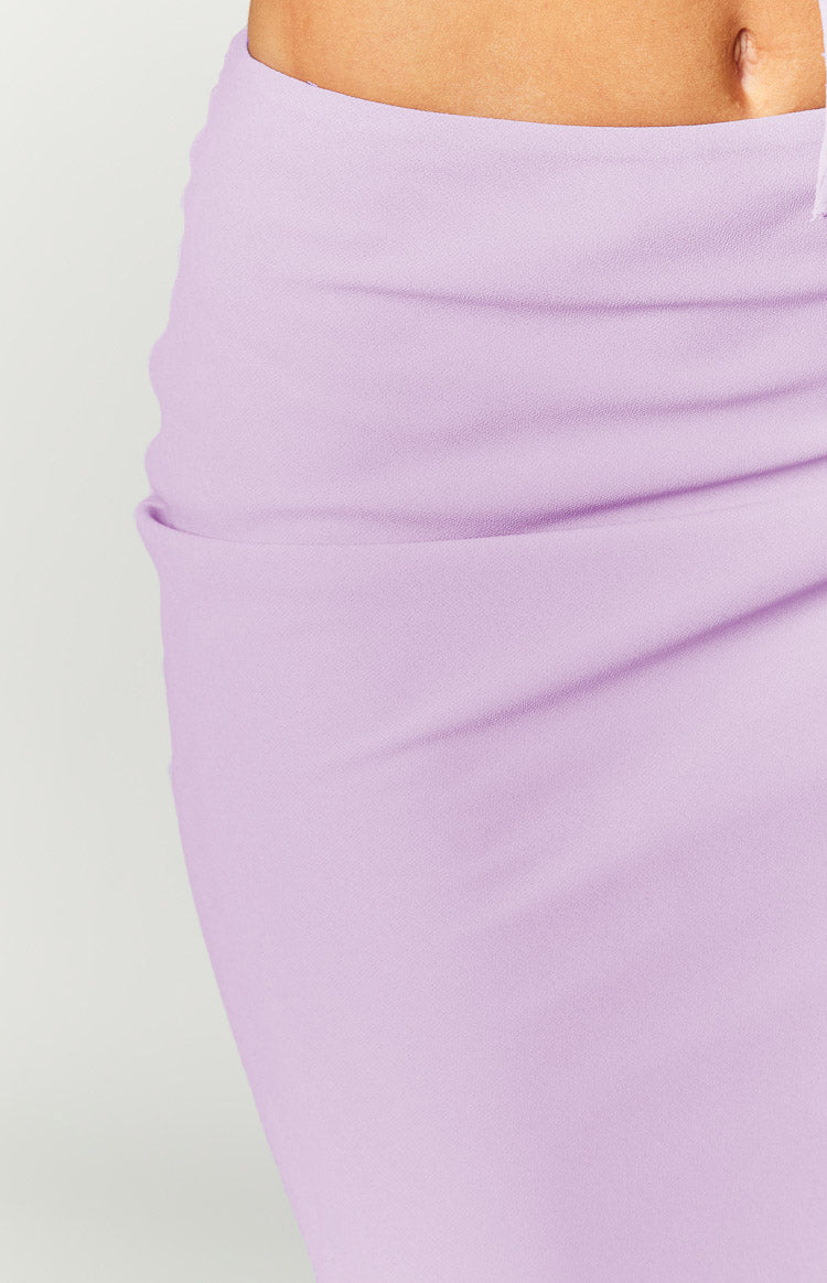 Close-up of the lilac maxi skirt fabric, showing its subtle texture and soft draping