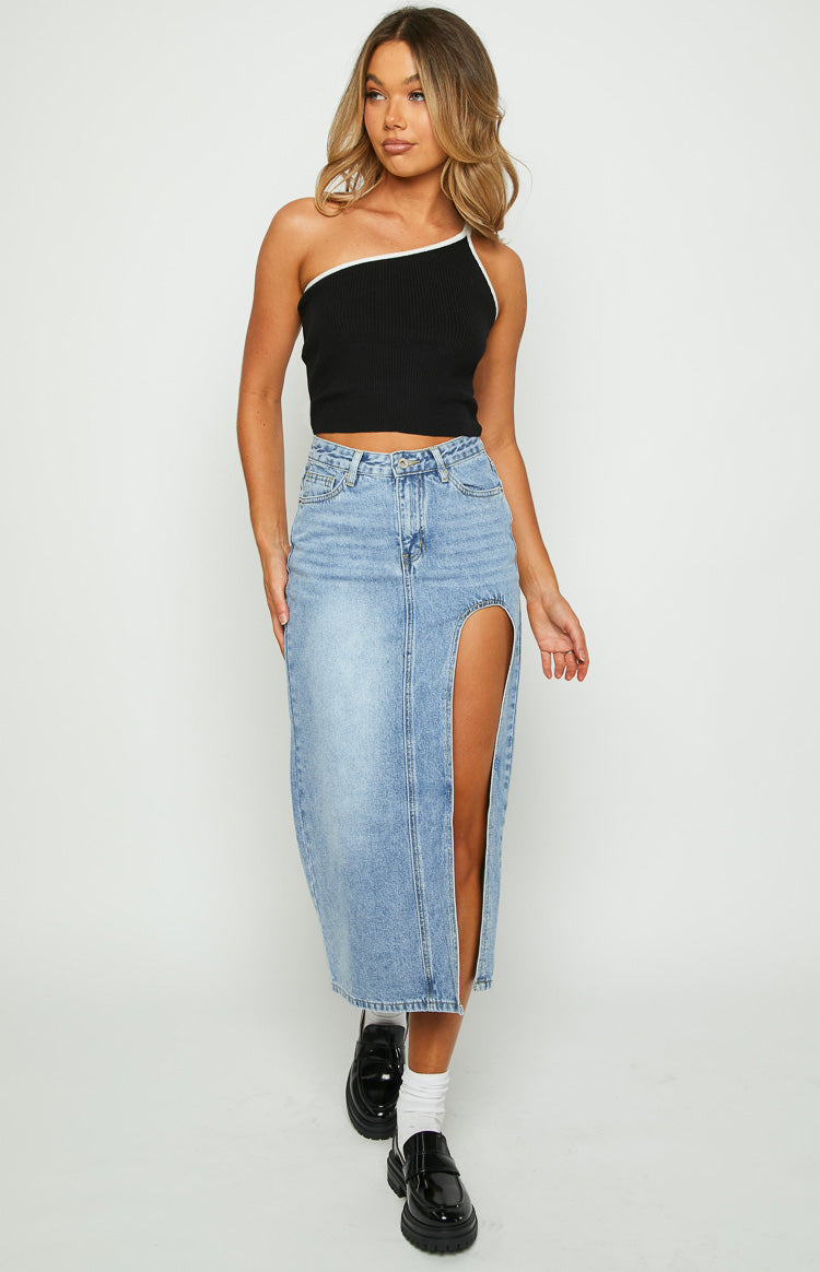 Kenzie Black Contrast Bind One Shoulder Top Image