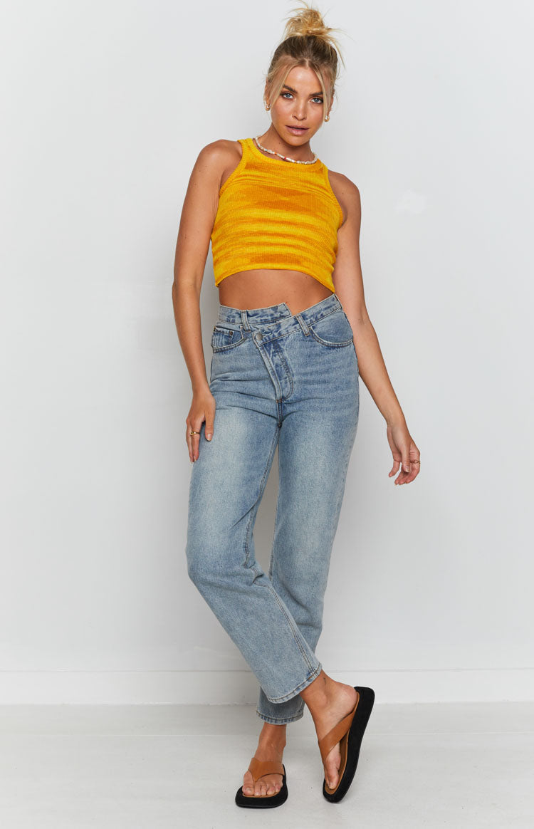 Yellow and orange variegated knit cropped tank top with a high crew neckline
