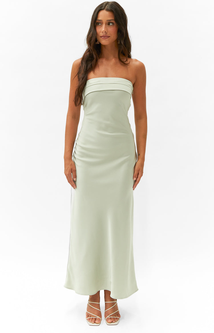Sage strapless maxi dress with a folded bandeau neckline and subtle side ruching