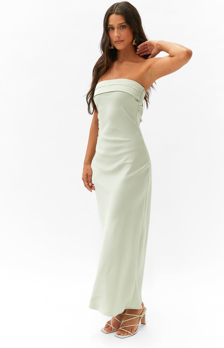 Sage strapless maxi dress with pleated bust detail and a flowing skirt