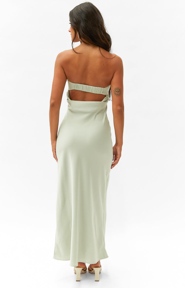 Sage maxi dress from the back, highlighting the strapless neckline, elasticated band, and open back cut-out
