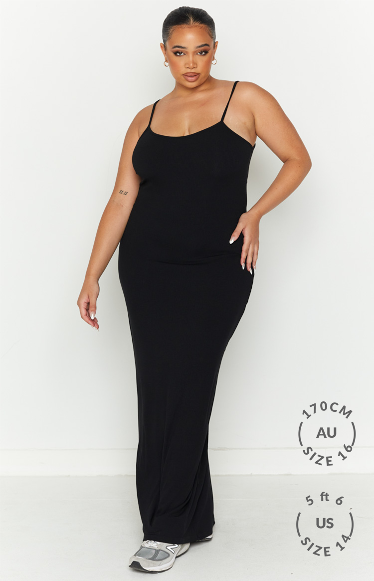 Full length front view of a black ribbed bodycon maxi dress with scoop neck and thin straps